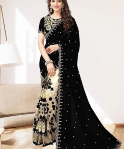 এক্সক্লুসিভ ইন্ডিয়ান ওয়েটলেস জর্জেট  কালো/বিস্কিট  এমব্রয়ডারি করা পার্টি শাড়ি