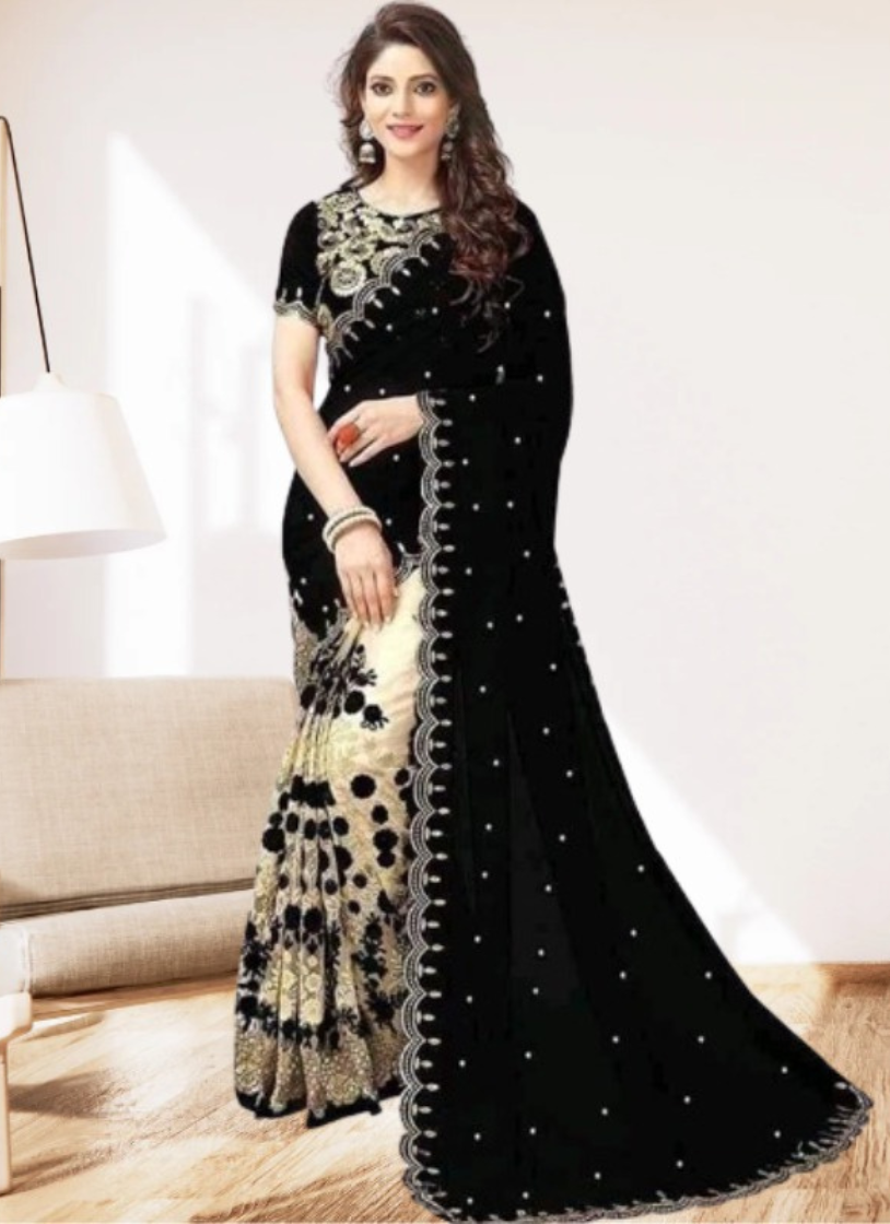 এক্সক্লুসিভ ইন্ডিয়ান ওয়েটলেস জর্জেট কালো/বিস্কিট এমব্রয়ডারি করা পার্টি শাড়ি