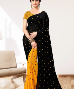 এক্সক্লুসিভ ইন্ডিয়ান ওয়েটলেস জর্জেট কালো/হলুদ  এমব্রয়ডারি করা পার্টি শাড়ি