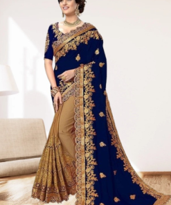 এক্সক্লুসিভ ইন্ডিয়ান ওয়েটলেস জর্জেট ব্লু/বিস্কুট এমব্রয়ডারি করা পার্টি  শাড়ি