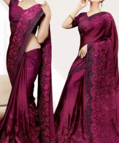 এক্সক্লুসিভ ইন্ডিয়ান ইন্ডিয়ান বিচিত্রা সিল্ক পার্পেল এমব্রয়ডারি কাজ করা পার্টি শাড়ি