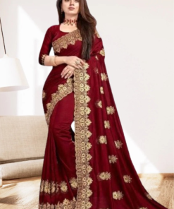 এক্সক্লুসিভ ইন্ডিয়ান বিচিত্রা সিল্ক মেরুন এমব্রয়ডারি কাজ করা পার্টি শাড়ি