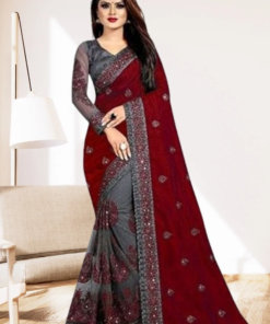 এক্সক্লুসিভ ইন্ডিয়ান ওয়েটলেস জর্জেট মেরুন/অ্যাশ এমব্রয়ডারি করা পার্টি শাড়ি