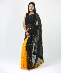 Alternative view of এক্সক্লুসিভ ইন্ডিয়ান ওয়েটলেস জর্জেট কালো/হলুদ  এমব্রয়ডারি করা পার্টি শাড়ি