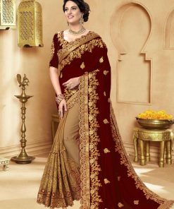 এক্সক্লুসিভ ইন্ডিয়ান ওয়েটলেস জর্জেট মেরুন/বিস্কুট এমব্রয়ডারি করা পার্টি শাড়ি