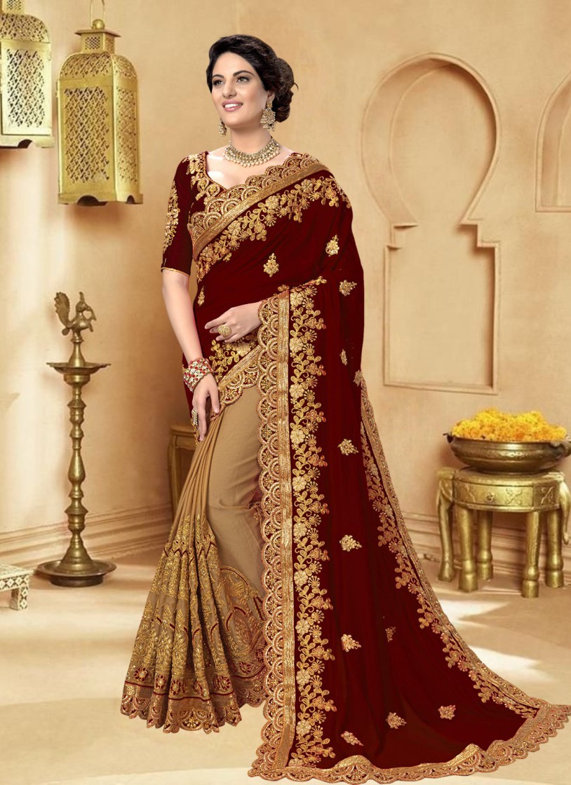 এক্সক্লুসিভ ইন্ডিয়ান ওয়েটলেস জর্জেট মেরুন/বিস্কুট এমব্রয়ডারি করা পার্টি শাড়ি