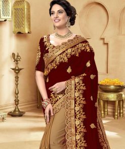 Alternative view of এক্সক্লুসিভ ইন্ডিয়ান ওয়েটলেস জর্জেট মেরুন/বিস্কুট এমব্রয়ডারি করা পার্টি শাড়ি