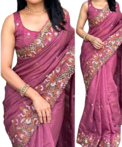 এক্সক্লুসিভ ইন্ডিয়ান হোয়াইট গোল্ড কাপড় পিয়াজ এমব্রয়ডারি কাজ করা পার্টি শাড়ি