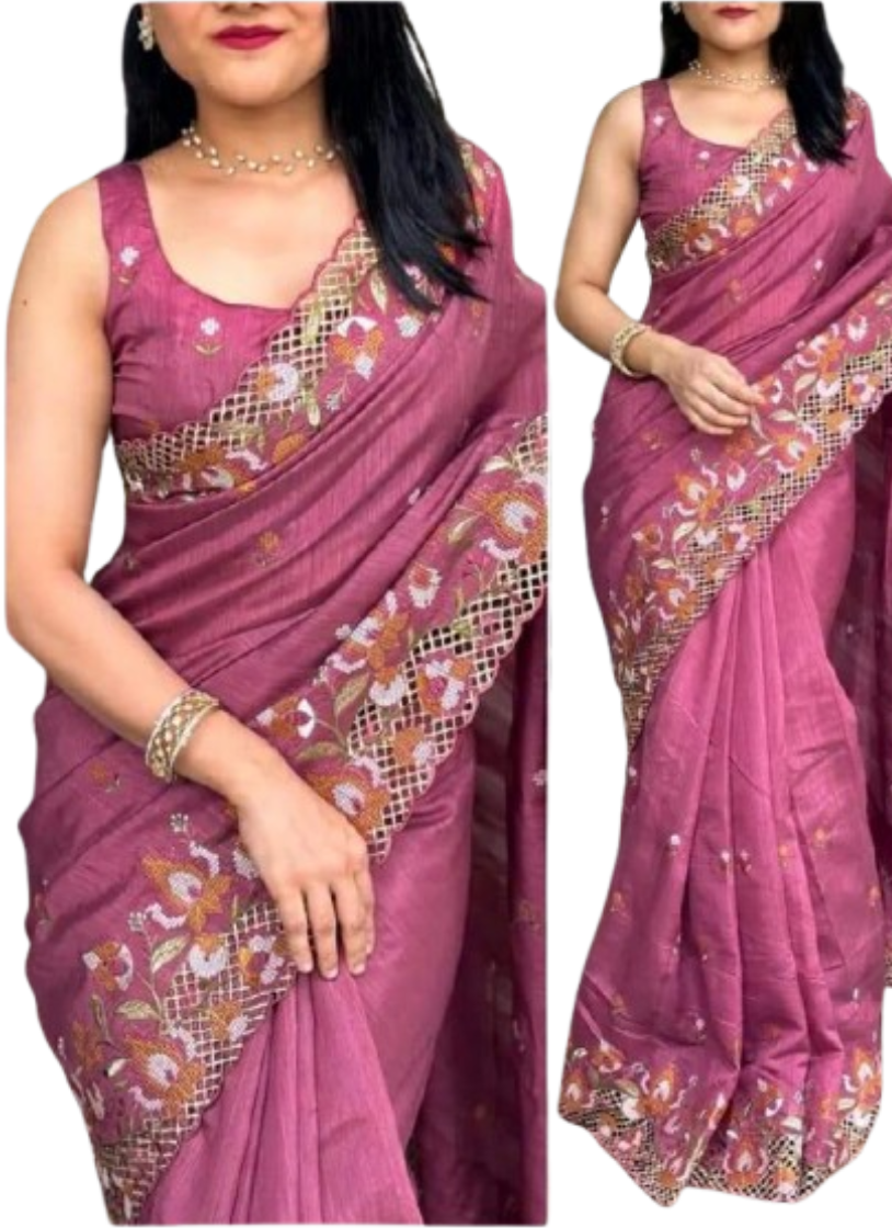 এক্সক্লুসিভ ইন্ডিয়ান হোয়াইট গোল্ড কাপড় পিয়াজ এমব্রয়ডারি কাজ করা পার্টি শাড়ি