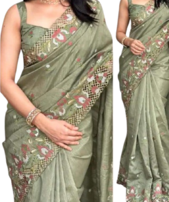 এক্সক্লুসিভ ইন্ডিয়ান হোয়াইট গোল্ড কাপড় সিল্ক জলপাই এমব্রয়ডারি কাজ করা পার্টি শাড়ি