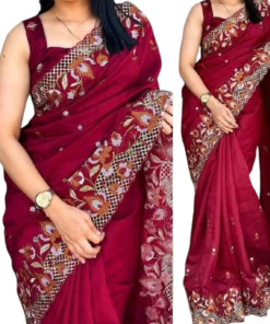 এক্সক্লুসিভ ইন্ডিয়ান হোয়াইট গোল্ড কাপড় মেরুন এমব্রয়ডারি কাজ করা পার্টি শাড়ি