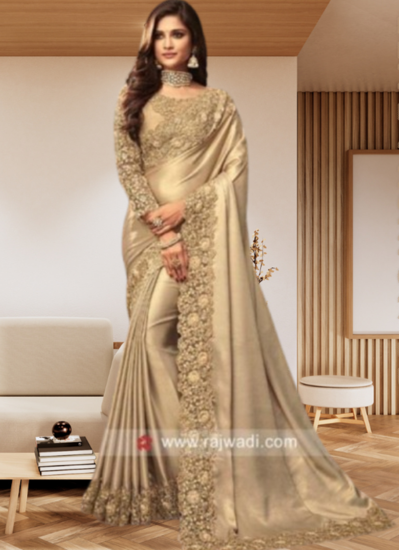 এক্সক্লুসিভ ইন্ডিয়ান বিচিত্রা সিল্ক কাপড়ের উপরে বিস্কুট এমব্রয়ডারি কাজ করা পার্টি শাড়ি