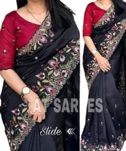 এক্সক্লুসিভ ইন্ডিয়ান হোয়াইট গোল্ড কাপড় কালো এমব্রয়ডারি কাজ করা পার্টি শাড়ি