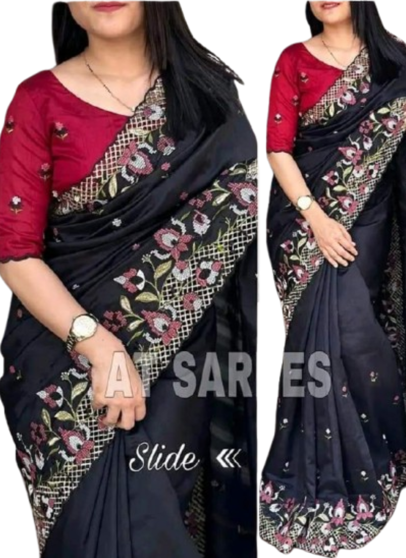 এক্সক্লুসিভ ইন্ডিয়ান হোয়াইট গোল্ড কাপড় কালো এমব্রয়ডারি কাজ করা পার্টি শাড়ি