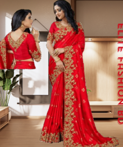 এক্সক্লুসিভ ইন্ডিয়ান ওয়েটলেস জর্জেট লাল এমব্রয়ডারি করা পার্টি শাড়ি