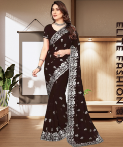 এক্সক্লুসিভ ইন্ডিয়ান ওয়েটলেস জর্জেট ব্রাউন এমব্রয়ডারি এবং স্টোন করা পার্টি শাড়ি