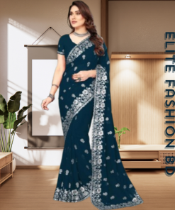 এক্সক্লুসিভ ইন্ডিয়ান ওয়েটলেস জর্জেট ব্লু এমব্রয়ডারি এবং স্টোন করা পার্টি শাড়ি
