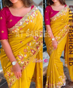 এক্সক্লুসিভ ইন্ডিয়ান বিচিত্রা সিল্ক হলুদ এমব্রয়ডারি কাজ করা পার্টি শাড়ি