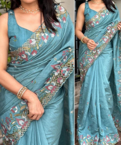 এক্সক্লুসিভ ইন্ডিয়ান হোয়াইট গোল্ড কাপড়  পেস্ট এমব্রয়ডারি কাজ করা পার্টি শাড়ি