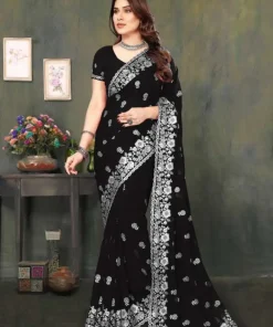 এক্সক্লুসিভ ইন্ডিয়ান ওয়েটলেস জর্জেট কালো এমব্রয়ডারি এবং স্টোন করা পার্টি শাড়ি