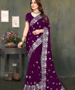 এক্সক্লুসিভ ইন্ডিয়ান ওয়েটলেস জর্জেট গাঢ় বেগুনি এমব্রয়ডারি এবং স্টোন করা পার্টি শাড়ি