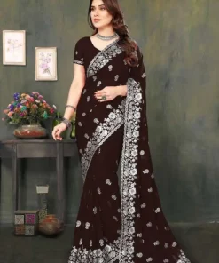 এক্সক্লুসিভ ইন্ডিয়ান ওয়েটলেস জর্জেট ব্রাউন এমব্রয়ডারি এবং স্টোন করা পার্টি শাড়ি