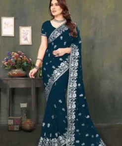 এক্সক্লুসিভ ইন্ডিয়ান ওয়েটলেস জর্জেট ব্লু এমব্রয়ডারি এবং স্টোন করা পার্টি শাড়ি