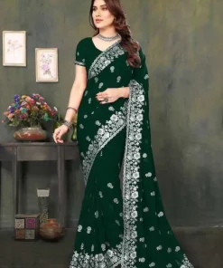 এক্সক্লুসিভ ইন্ডিয়ান ওয়েটলেস জর্জেট সবুজ এমব্রয়ডারি এবং স্টোন করা পার্টি শাড়ি