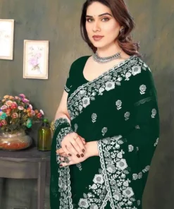 Alternative view of এক্সক্লুসিভ ইন্ডিয়ান ওয়েটলেস জর্জেট সবুজ এমব্রয়ডারি এবং স্টোন করা পার্টি শাড়ি