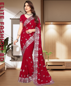 এক্সক্লুসিভ ইন্ডিয়ান ওয়েটলেস জর্জেট লাল এমব্রয়ডারি এবং স্টোন করা পার্টি শাড়ি