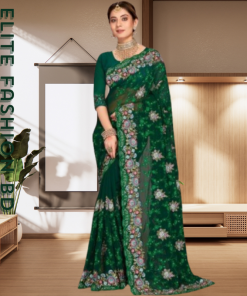 এক্সক্লুসিভ ইন্ডিয়ান ওয়েটলেস জর্জেট সবুজ এমব্রয়ডারি এবং স্টোন করা পার্টি শাড়ি