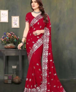 এক্সক্লুসিভ ইন্ডিয়ান ওয়েটলেস জর্জেট লাল এমব্রয়ডারি এবং স্টোন করা পার্টি শাড়ি