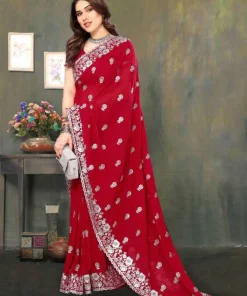 Alternative view of এক্সক্লুসিভ ইন্ডিয়ান ওয়েটলেস জর্জেট লাল এমব্রয়ডারি এবং স্টোন করা পার্টি শাড়ি