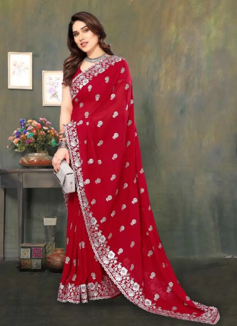 এক্সক্লুসিভ ইন্ডিয়ান ওয়েটলেস জর্জেট লাল এমব্রয়ডারি এবং স্টোন করা পার্টি শাড়ি - Image 2