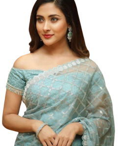 Alternative view of এক্সক্লুসিভ ইন্ডিয়ান সফট পেস্ট অরগাঞ্জা ফেব্রিকের মধ্যে গর্জিয়াস সিকুয়েন্স এমব্রয়ডারি কাজ করা পার্টি শাড়ি