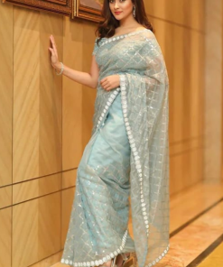 এক্সক্লুসিভ ইন্ডিয়ান সফট পেস্ট অরগাঞ্জা ফেব্রিকের মধ্যে গর্জিয়াস সিকুয়েন্স এমব্রয়ডারি কাজ করা পার্টি শাড়ি