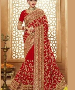 এক্সক্লুসিভ ইন্ডিয়ান ওয়েটলেস জর্জেট লাল এমব্রয়ডারি করা পার্টি শাড়ি